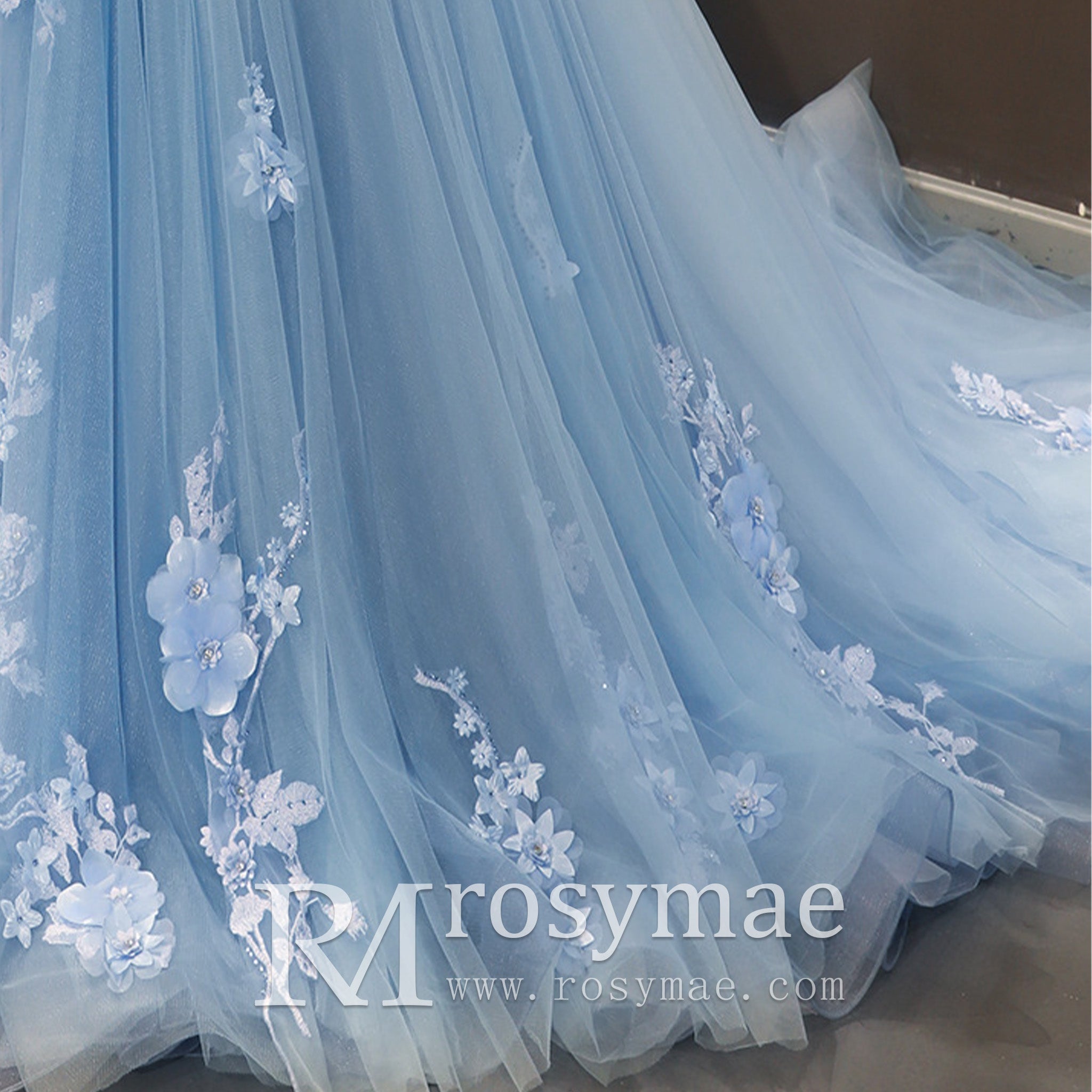 Off the Shoulder 3D Flowers Blue Wedding Dress - Rosymae