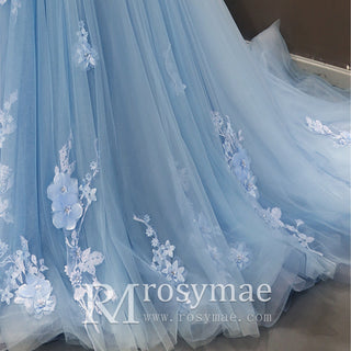Off the Shoulder 3D Flowers Blue Wedding Dress - Rosymae