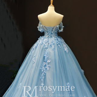 Off the Shoulder 3D Flowers Blue Wedding Dress - Rosymae