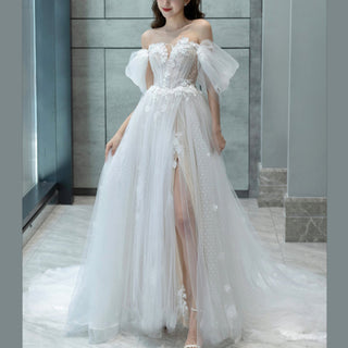 Off Shoulder Dot Tulle A-line Country Wedding Dress with Leg Slit