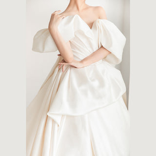 Off the Shoulder Satin A-Line Wedding Dress with Ruffle