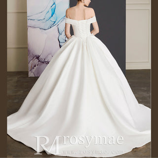Off the Shoulder Straight Neck Wedding Dress with Puffy Skirt