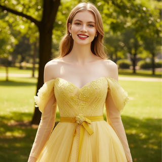 Off the Shoulder A-line Tulle Gold Formal Dress & Evening Gown - Rosymae