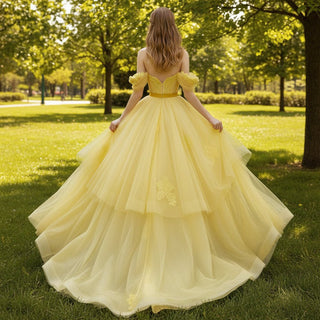 Off the Shoulder A-line Tulle Gold Formal Dress & Evening Gown - Rosymae
