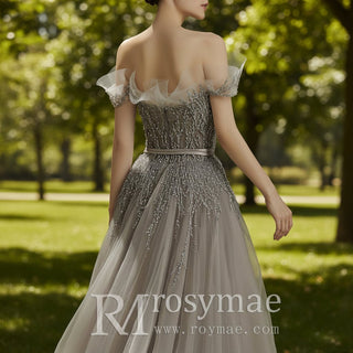 Off the Shoulder A-line Tulle Gray Evening Dress with Crystals - Rosymae