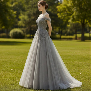 Off the Shoulder A-line Tulle Gray Evening Dress with Crystals - Rosymae