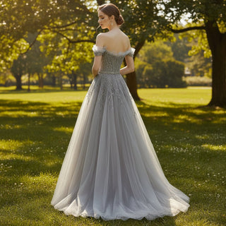 Off the Shoulder A-line Tulle Gray Evening Dress with Crystals - Rosymae