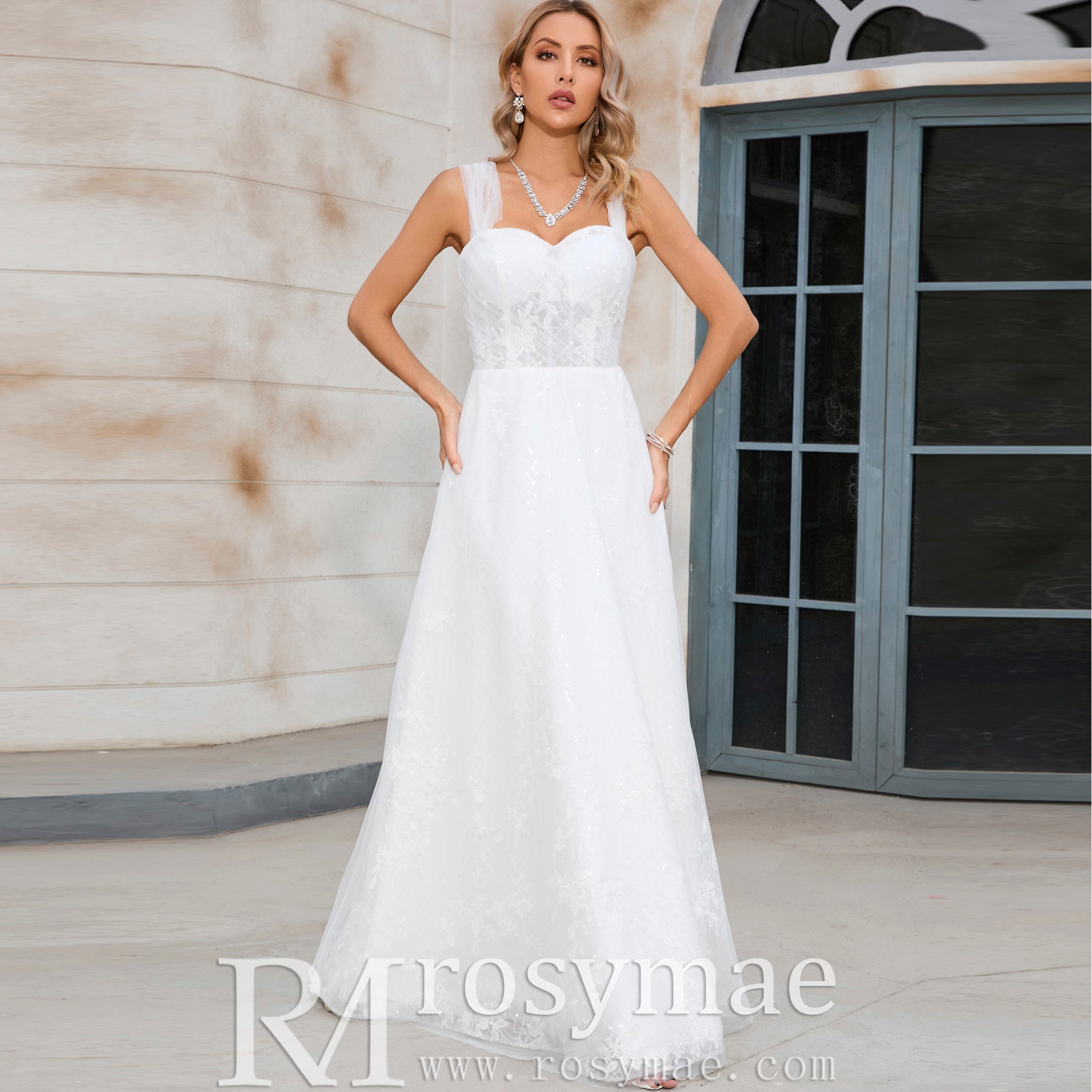 A-Line Tulle and Lace Wedding Dress with Off The Shoulder Strappy White / 16W A-Line Tulle and Lace Wedding Dress with Off The Shoulder Strappy White / 16W