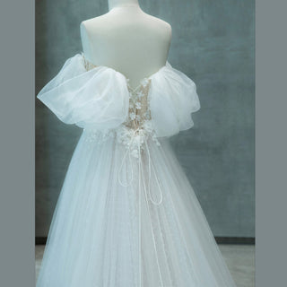 Off Shoulder Dot Tulle A-line Country Wedding Dress with Leg Slit