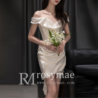 Hi-Lo Above the Knee Satin Wedding Dress with Off the Shoulder
