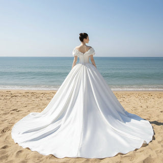 Off the Shoulder Ball Gown Satin Wedding Dress for Outdoor Wedding - Rosymae