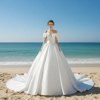 Off the Shoulder Ball Gown Satin Wedding Dress for Outdoor Wedding - Rosymae