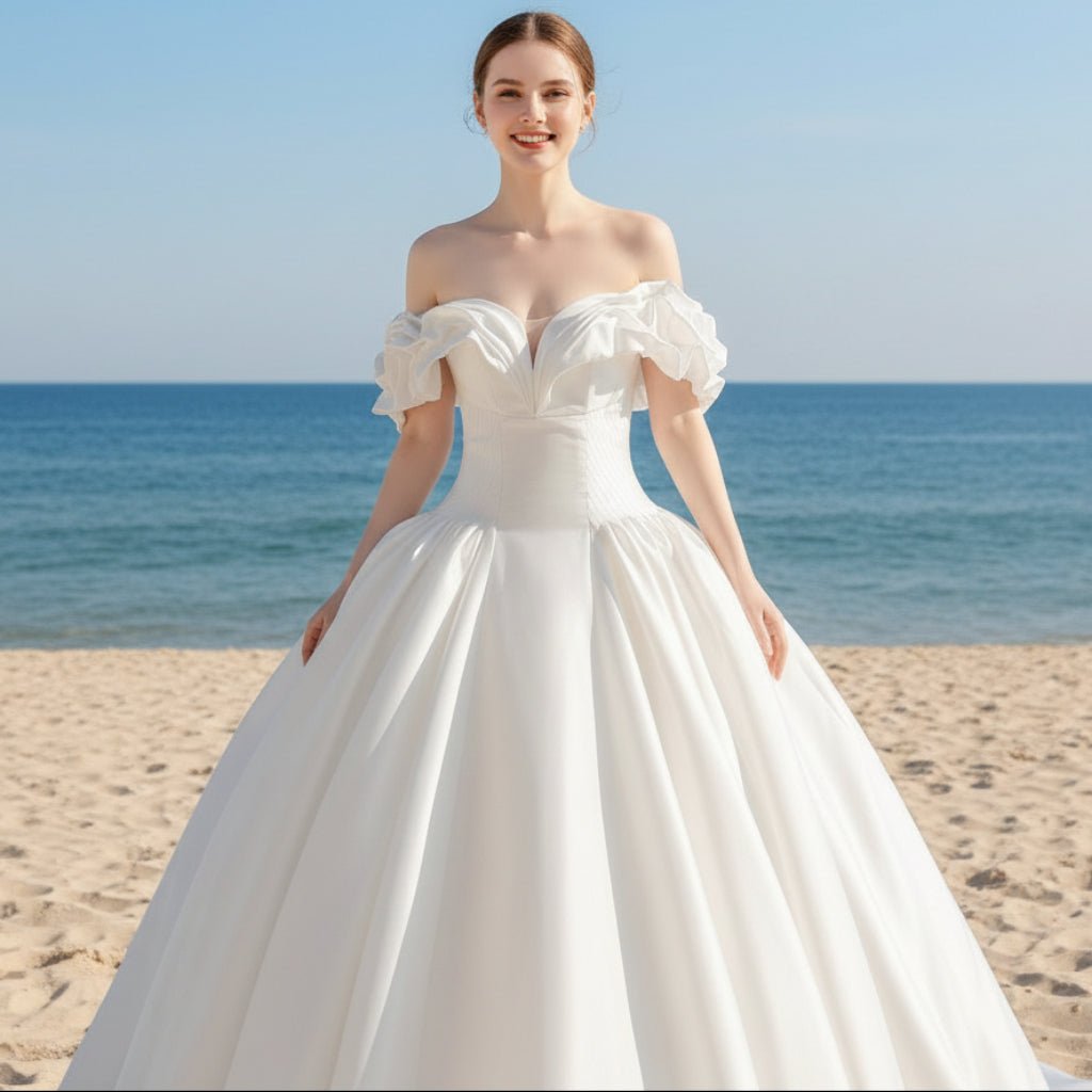 Off the Shoulder Ball Gown Satin Wedding Dress for Outdoor Wedding - Rosymae