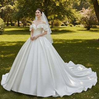 Off the Shoulder Ball Gown Satin Wedding Dress for Outdoor Wedding - Rosymae