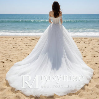 Off the Shoulder Ball Gown Tulle Wedding Dress for Outdoor Wedding - Rosymae