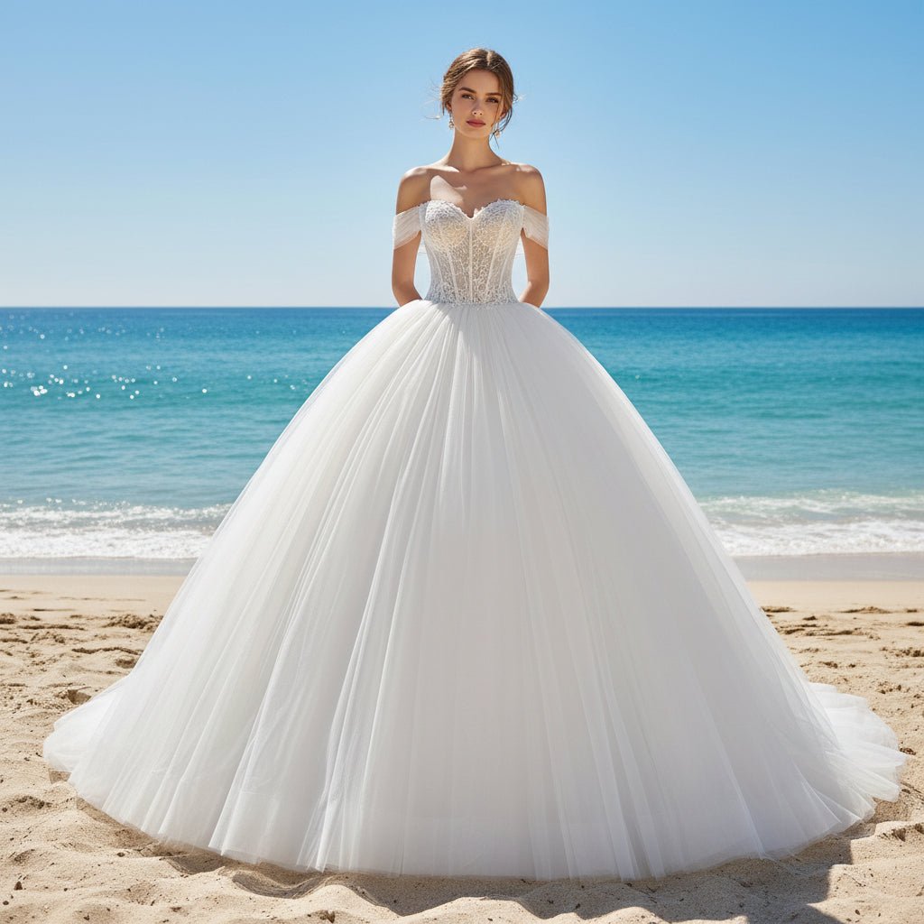 Off the Shoulder Ball Gown Tulle Wedding Dress for Outdoor Wedding - Rosymae