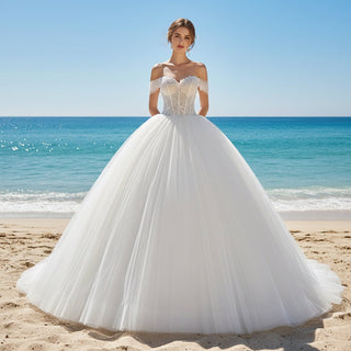 Off the Shoulder Ball Gown Tulle Wedding Dress for Outdoor Wedding - Rosymae