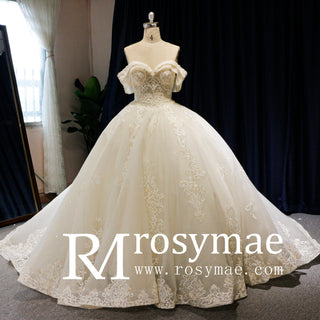 Off the Shoulder Ballgown Wedding Dress with Lace Appliqued - Rosymae