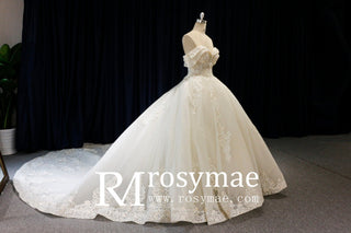 Off the Shoulder Ballgown Wedding Dress with Lace Appliqued - Rosymae