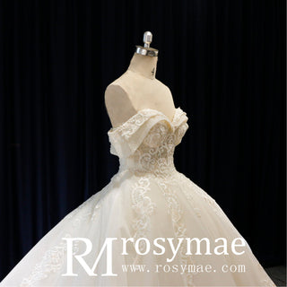 Off the Shoulder Ballgown Wedding Dress with Lace Appliqued - Rosymae