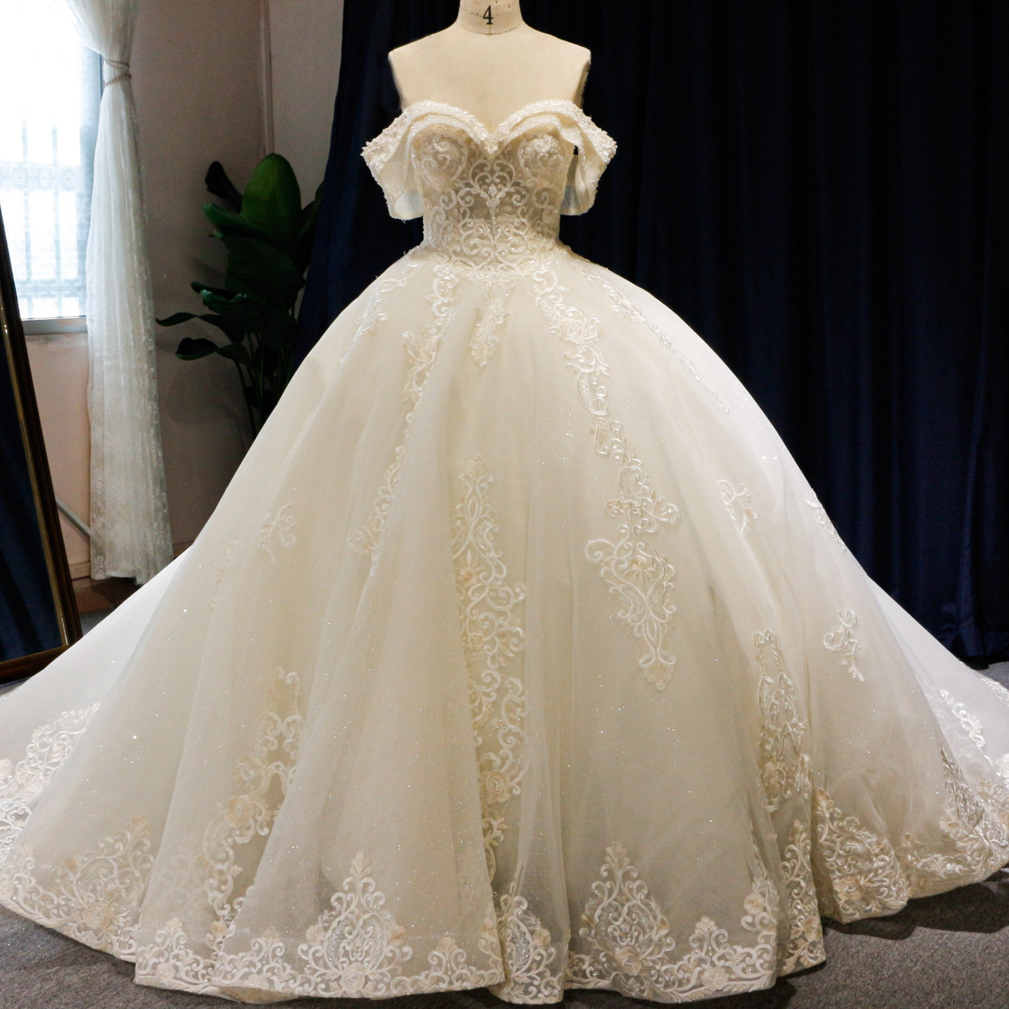 Off the Shoulder Ballgown Wedding Dress with Lace Appliqued - Rosymae