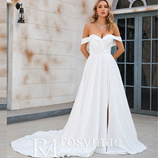 In Stock and Ready to Ship Off the Shoulder Pleated Bodice A-line Wedding Dress with V-Neck and Slit