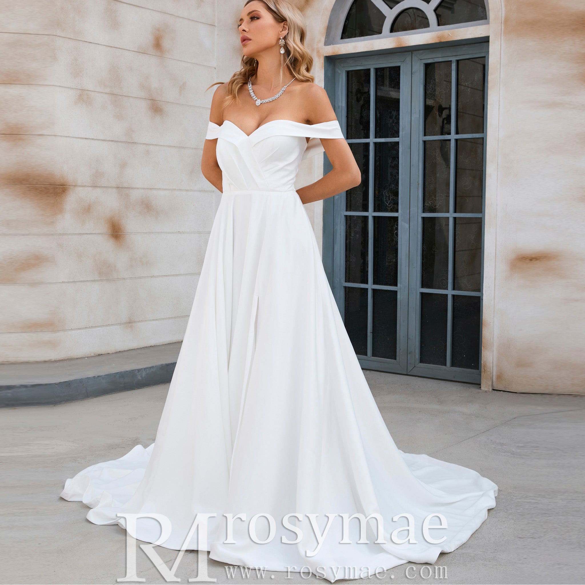 Off the Shoulder Pleated Bodice A-line Wedding Dress with V-Neck and Slit White / 16W Off the Shoulder Pleated Bodice A-line Wedding Dress with V-Neck and Slit White / 16W