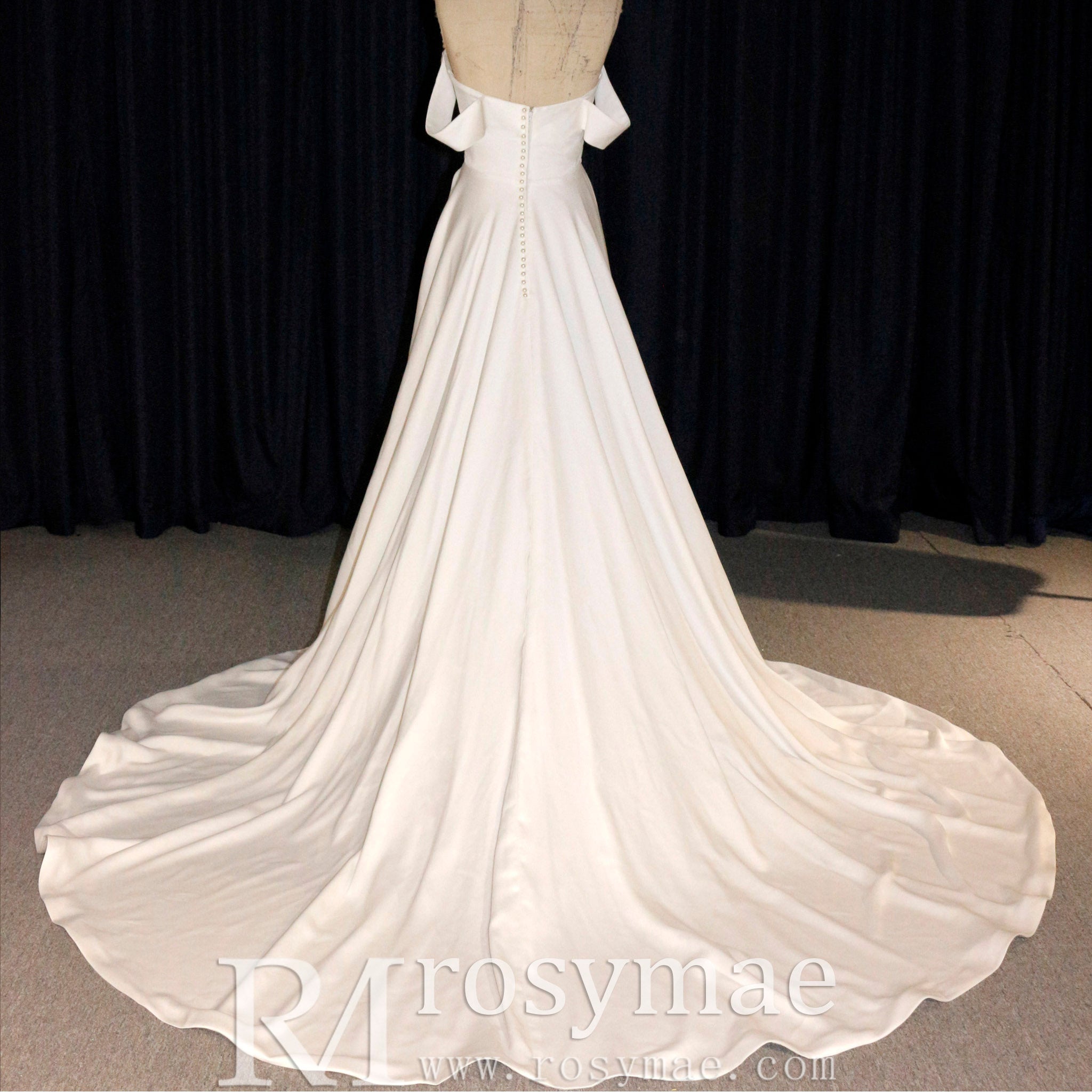 Off the Shoulder Pleated Bodice A-line Wedding Dress with V-Neck and Slit White / 16W Off the Shoulder Pleated Bodice A-line Wedding Dress with V-Neck and Slit White / 16W
