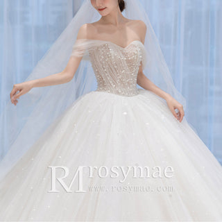 Off the Shoulder Tulle Ball Gown Wedding Dress Beaded Pearls