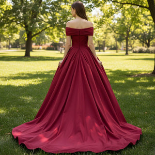 Off the Shoulder High Low Red Wedding Dress with V Neckline - Rosymae