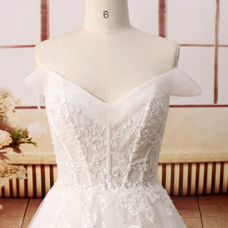 Off the Shoulder Tulle Lace A-line Double V Wedding Dress