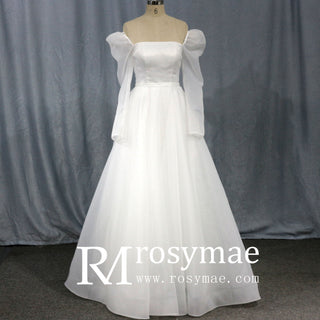 Off-The-Shoulder Long Lantern Sleeve Tulle Wedding Dress - Rosymae