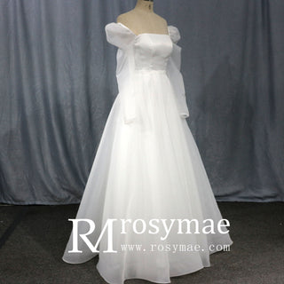 Off-The-Shoulder Long Lantern Sleeve Tulle Wedding Dress - Rosymae