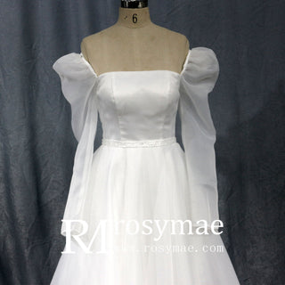 Off-The-Shoulder Long Lantern Sleeve Tulle Wedding Dress - Rosymae