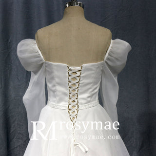 Off-The-Shoulder Long Lantern Sleeve Tulle Wedding Dress - Rosymae