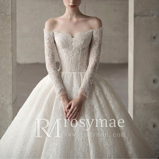 A-Line Off-the-Shoulder Long Sleeves Lace Wedding Dresses