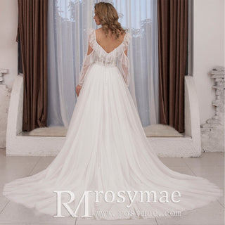 Low Back Off Shoulder Long Sleeve A-line Tulle Wedding Dress