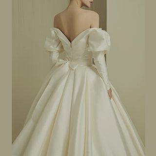 Off the Shoulder Puffy Long Sleeve Satin Wedding Dresses