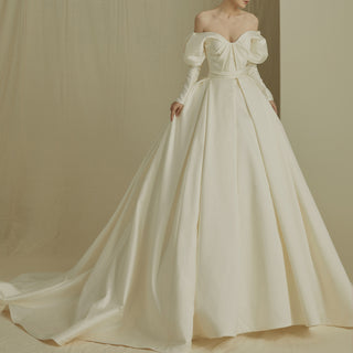 Off the Shoulder Puffy Long Sleeve Satin Wedding Dresses