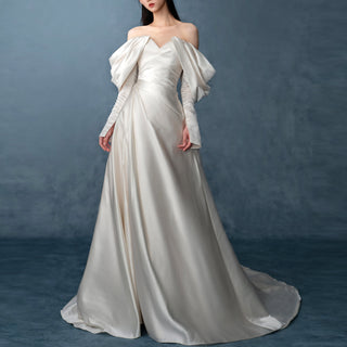 Off Shoulder Long Sleeve Ruched Satin Bridal Wedding Dress.