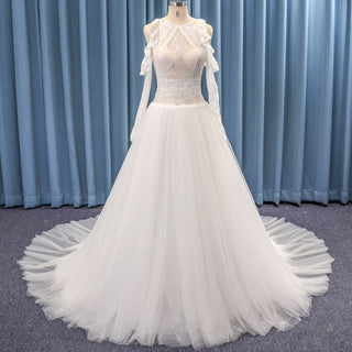 Vintage Off Shoulder Long Sleeve Sheer Bodice Tulle Wedding Dress