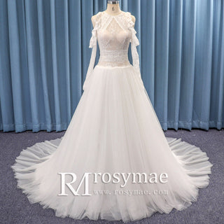 Vintage Off Shoulder Long Sleeve Sheer Bodice Tulle Wedding Dress