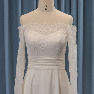 Off the Shoulder Long Sheer Sleeve Sheath Satin Wedding Dress