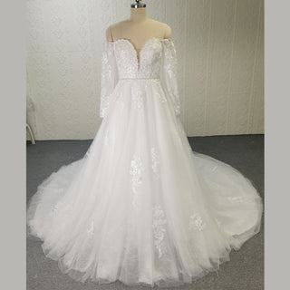 Classic Off Shoulder Long Sleeve A-line Tulle Wedding Dresses