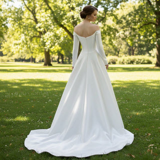 Off the Shoulder Long Sleeve Wedding Dress with Boat-neck Champagne / 0