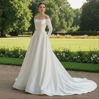 Off the Shoulder Long Sleeve Wedding Dress with Boat-neck - Rosymae