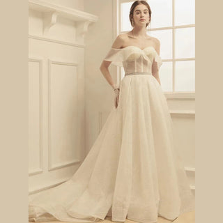 Classic Off the Shoulder A Line Sheer Bodice Wedding Dress