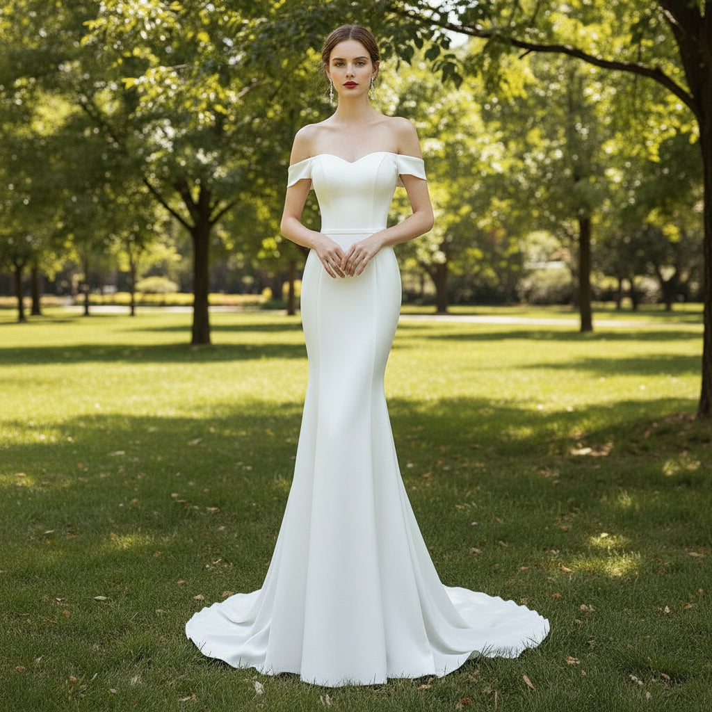 Simple Satin Mermaid Beach Wedding Dress with Off the Shoulder Rosymae Simple Satin Mermaid Beach Wedding Dress with Off the Shoulder Rosymae