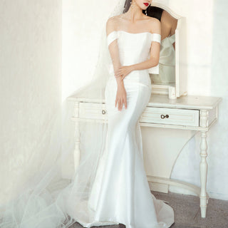 Simple Satin Mermaid Beach Wedding Dress with Off the Shoulder