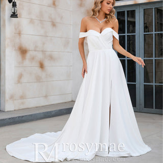 Off the Shoulder Pleated Bodice A-line Wedding Dress with V-Neck and Slit - Rosymae